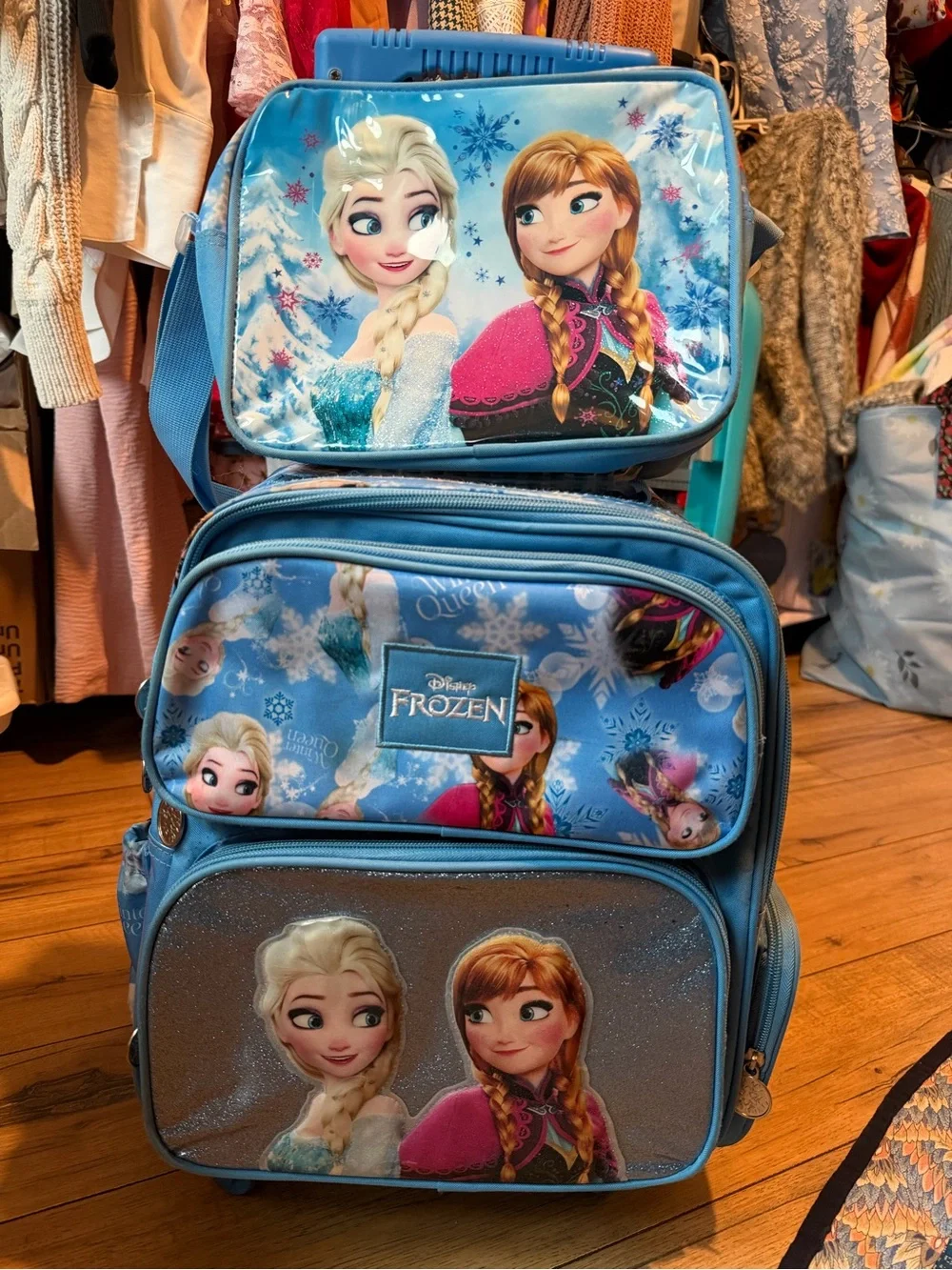 Disney Frozen Light Blue and Pink Character Rolling Backpack and Lunchbox Set